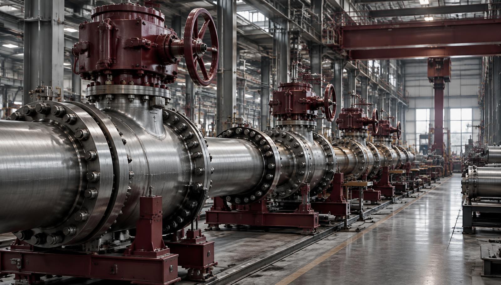 Industrial production line of large steel pipe and valve assemblies